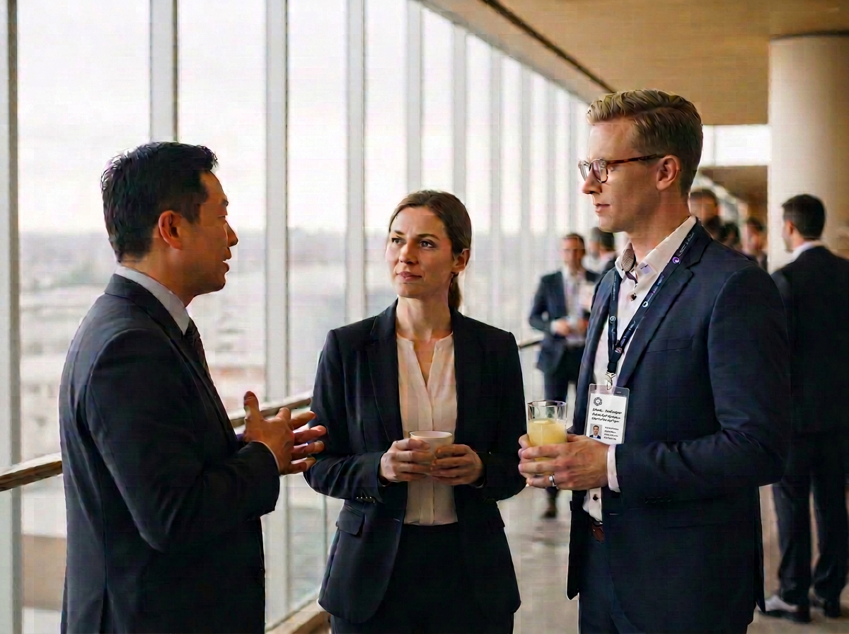 International business professionals in conversation at a contemporary conference venue