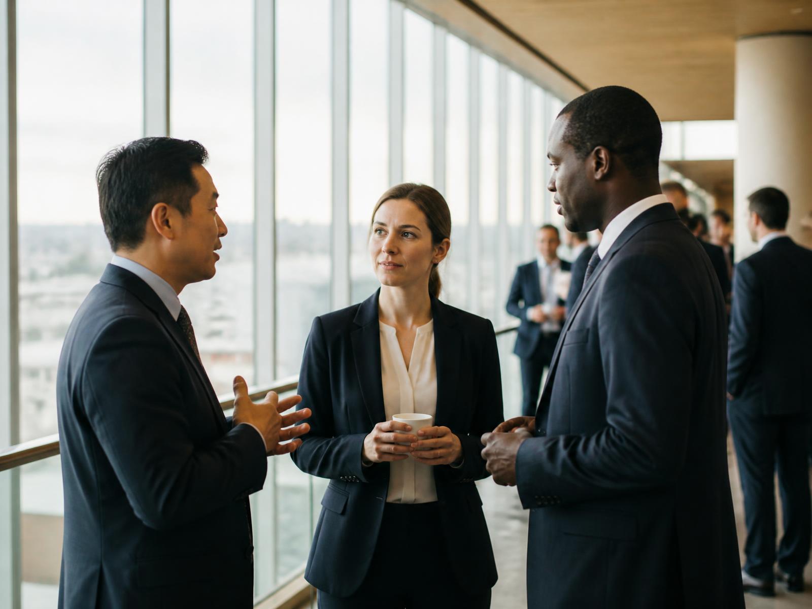 International business professionals in conversation at a contemporary conference venue